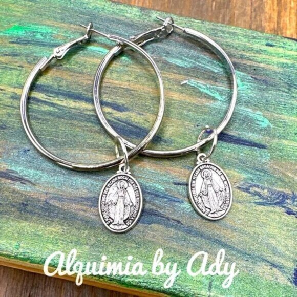 Alquimia Silver Hoop Earrings with Medallion Charm - Picture 1 of 1